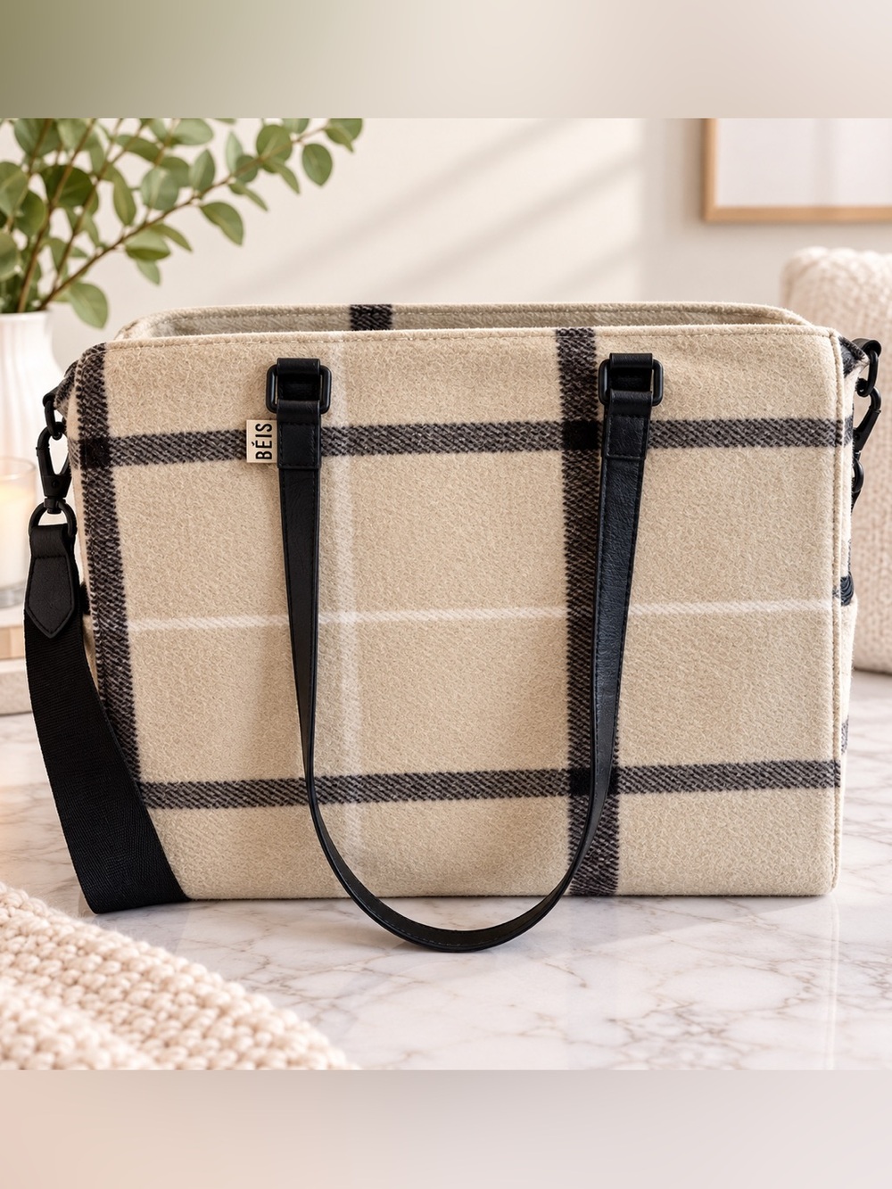 BÉIS The Work Tote in Plaid Beige | Laptop Travel Bag